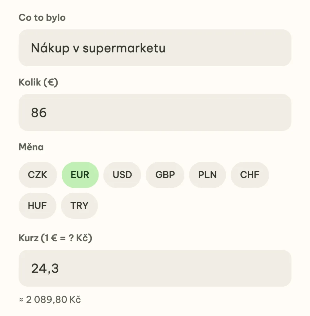 Náklad v eurech s kurzem a přepočtem na koruny
