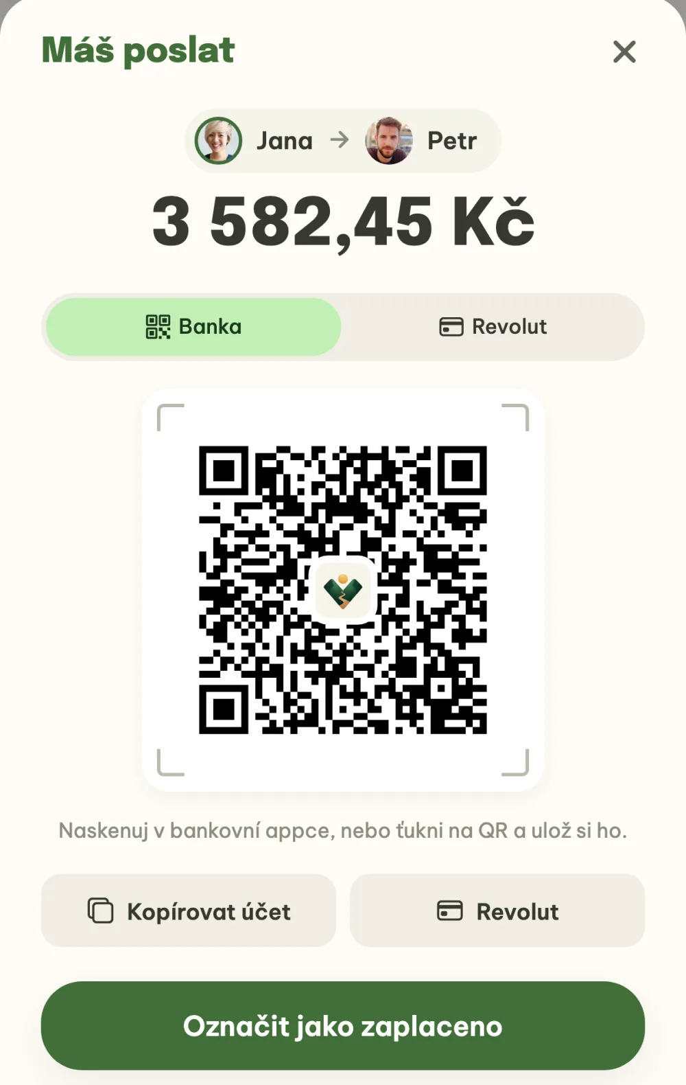 Okno vyrovnání s QR kódem, tlačítky Kopírovat účet a Revolut