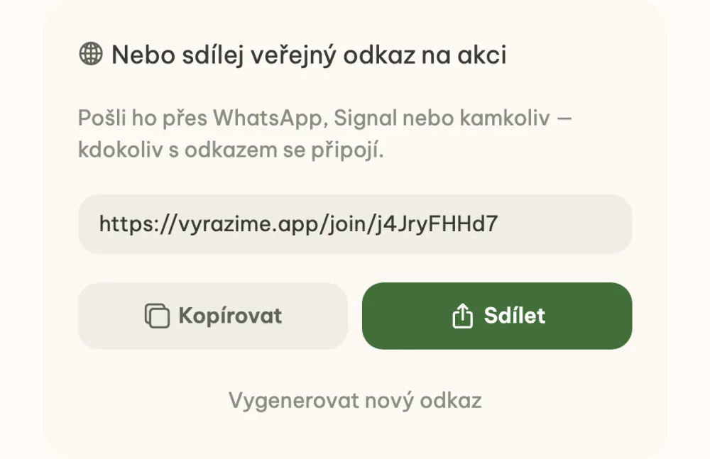 Veřejný odkaz na akci s tlačítky Kopírovat a Sdílet