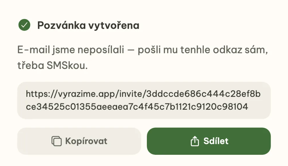 Vytvořená pozvánka s osobním odkazem a tlačítky Kopírovat a Sdílet