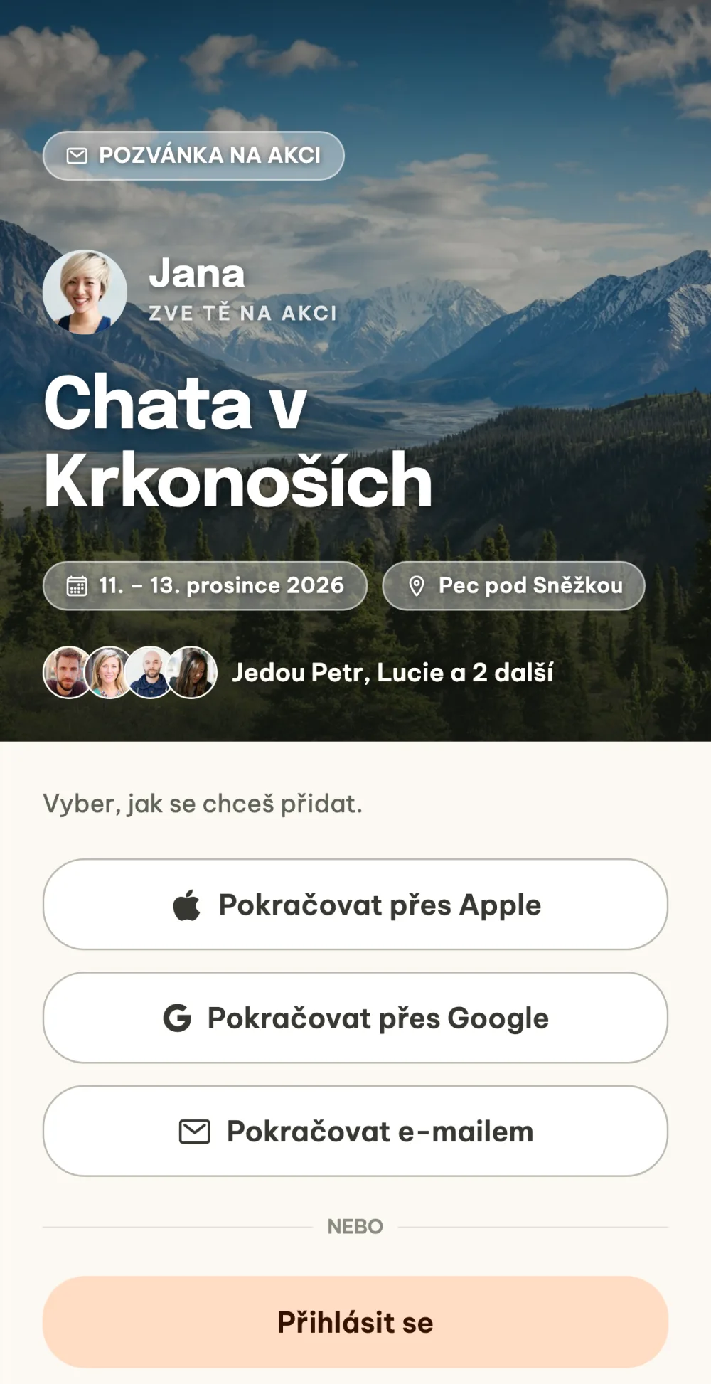 Stránka pozvánky s názvem akce, termínem, místem a volbou, jak se přidat