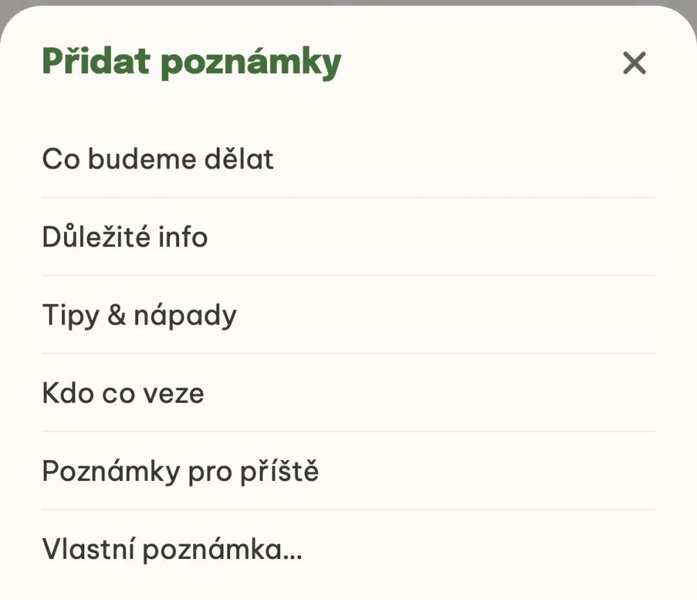 Paleta Přidat poznámky s programem, šablonami a vlastní poznámkou