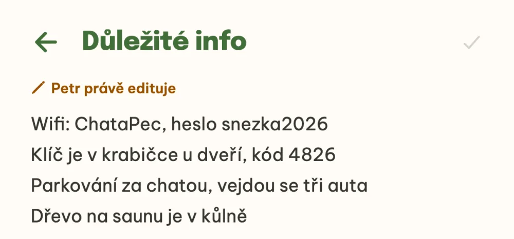 Poznámka Důležité info s wifi, kódem od chaty a řádkem, kdo právě edituje
