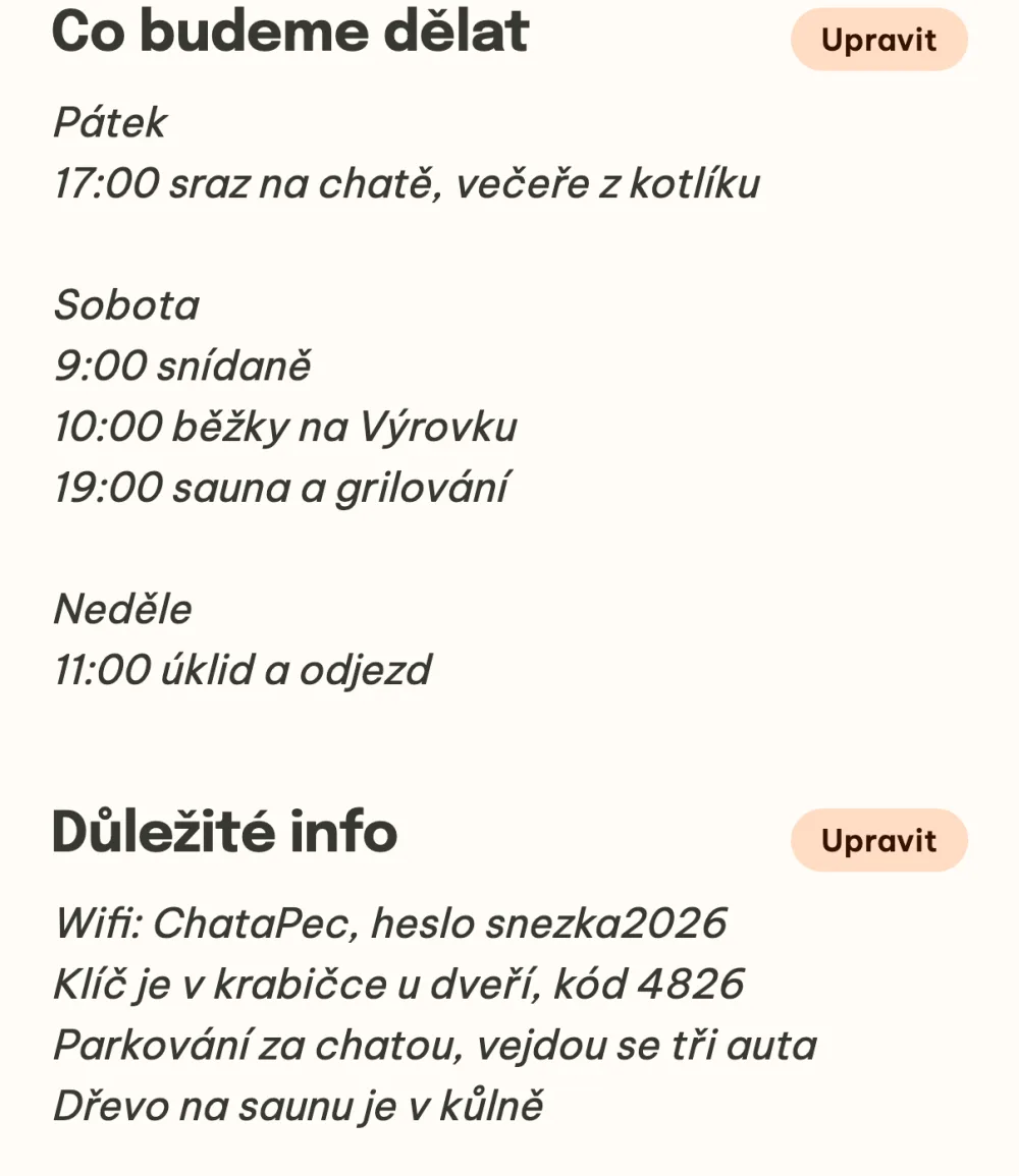 Detail akce s programem Co budeme dělat a poznámkou Důležité info