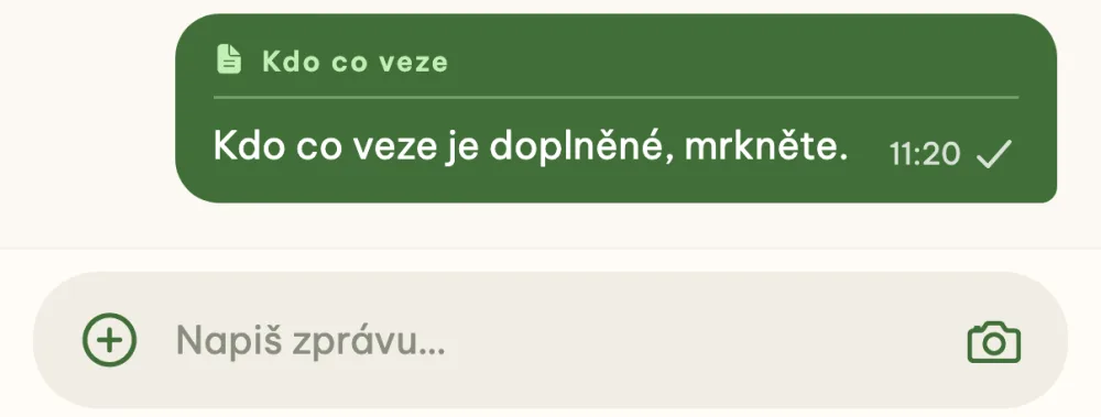 Zpráva v chatu akce s kartičkou poznámky Kdo co veze