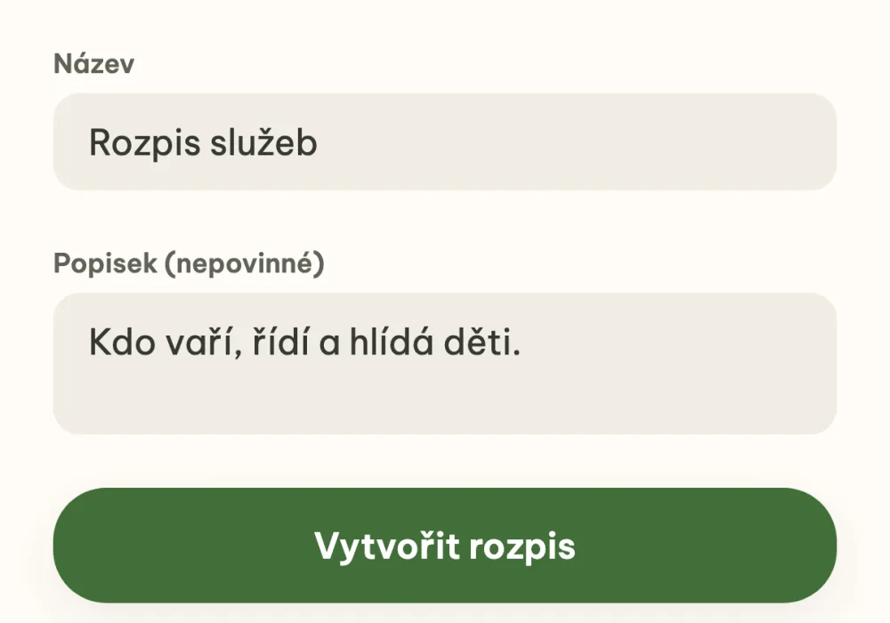 Formulář nového rozpisu s názvem Rozpis služeb a popiskem