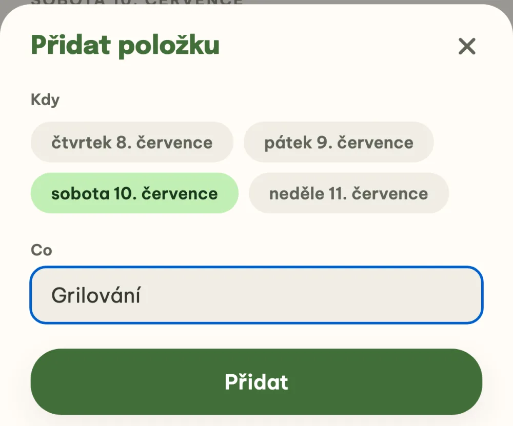 Okno Přidat položku s vybranou sobotou a položkou Grilování