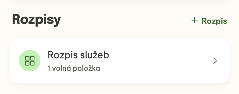 Sekce Rozpisy v detailu akce s rozpisem služeb a jednou volnou položkou