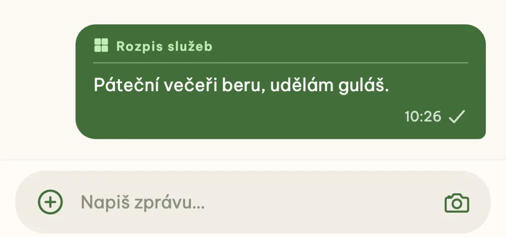 Zpráva v chatu akce se štítkem Rozpis služeb