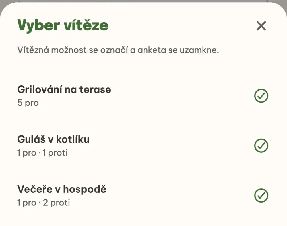 Okno Vyber vítěze s možnostmi a počty hlasů pro a proti