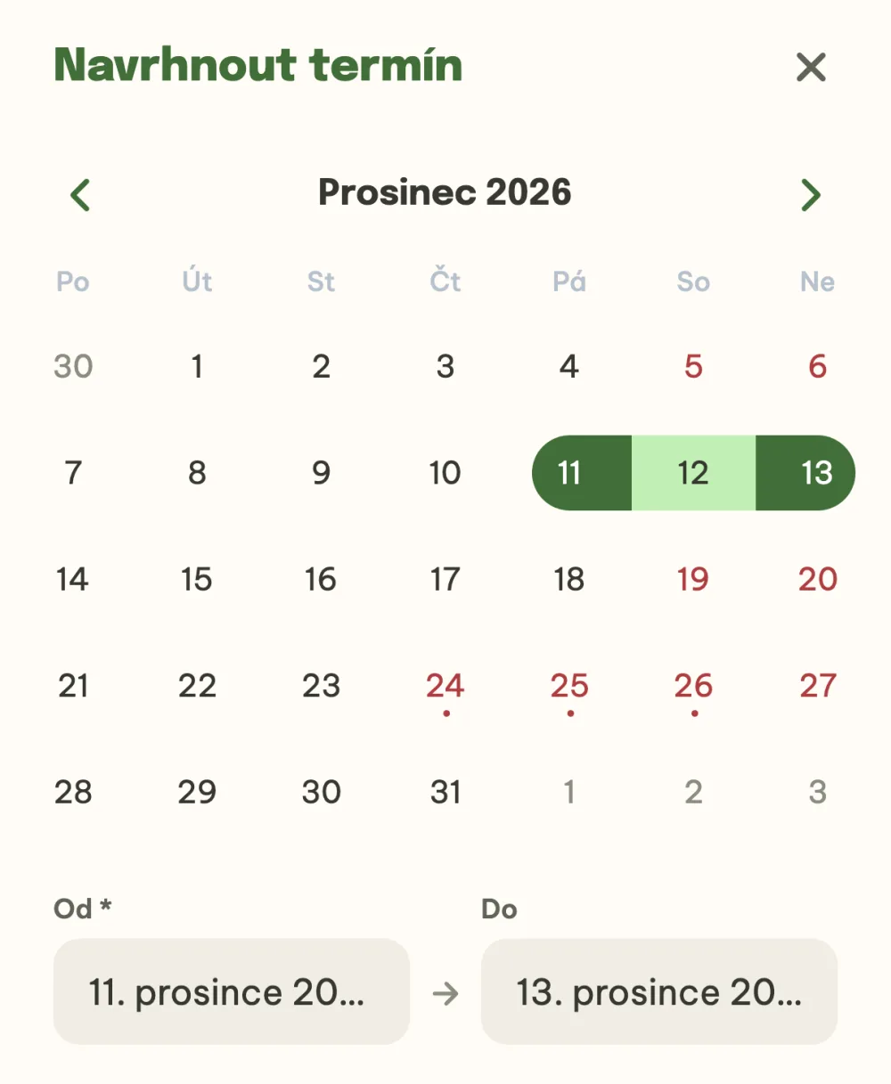 Kalendář návrhu termínu s vybraným víkendem od 11. do 13. prosince