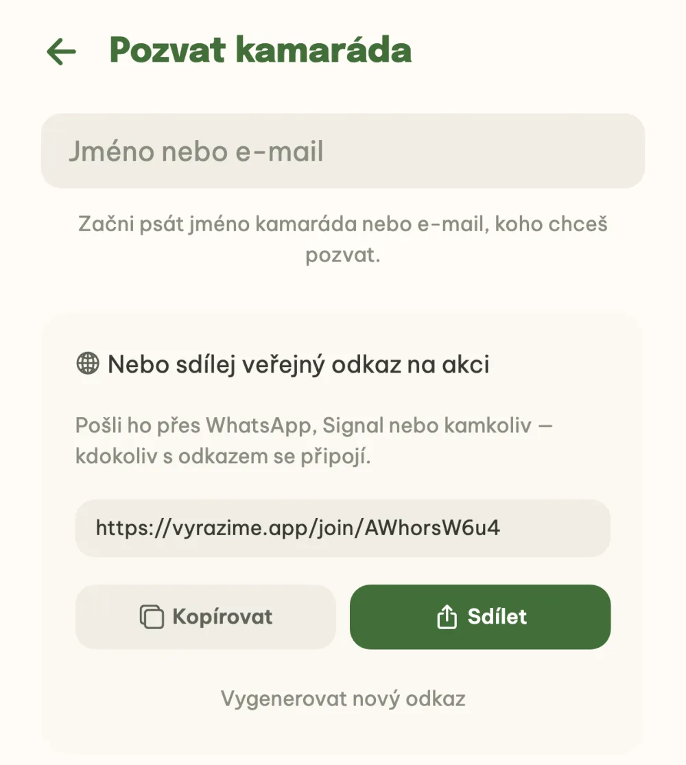 Obrazovka pozvání kamarádů s veřejným odkazem na akci