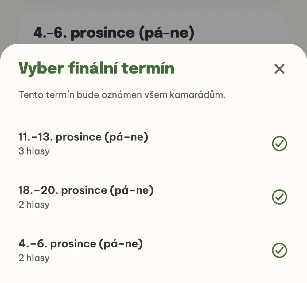 Výběr finálního termínu s počty hlasů u každého návrhu