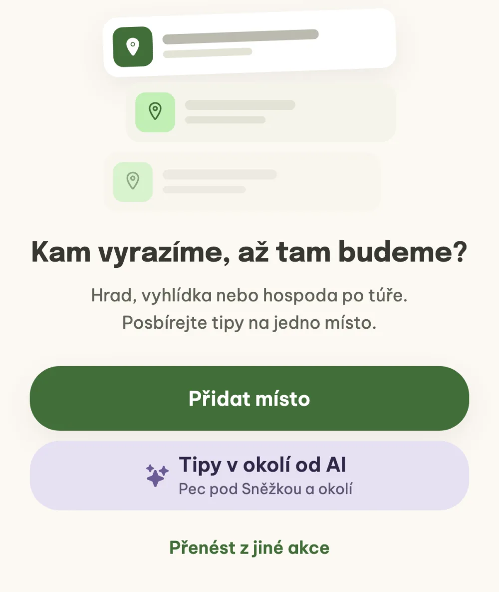 Prázdné Body zájmu s tlačítky Přidat místo, Tipy v okolí od AI a Přenést z jiné akce