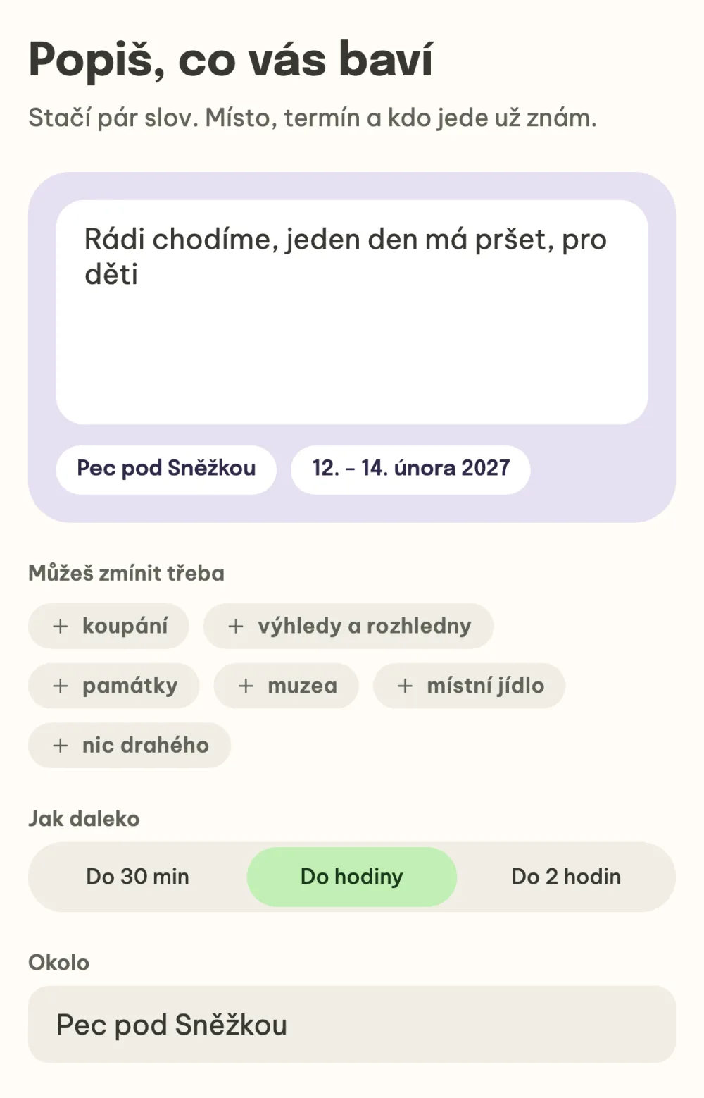 Zadání AI s textem a námětem pro děti, volbou Do hodiny a místem Pec pod Sněžkou
