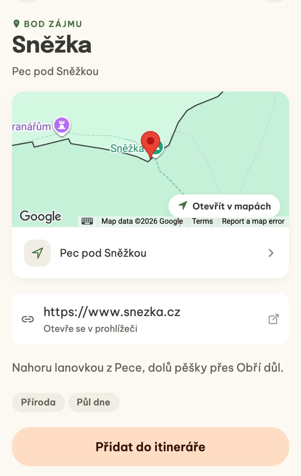Detail tipu Sněžka s mapou, odkazem, poznámkou, štítky a tlačítkem Přidat do itineráře