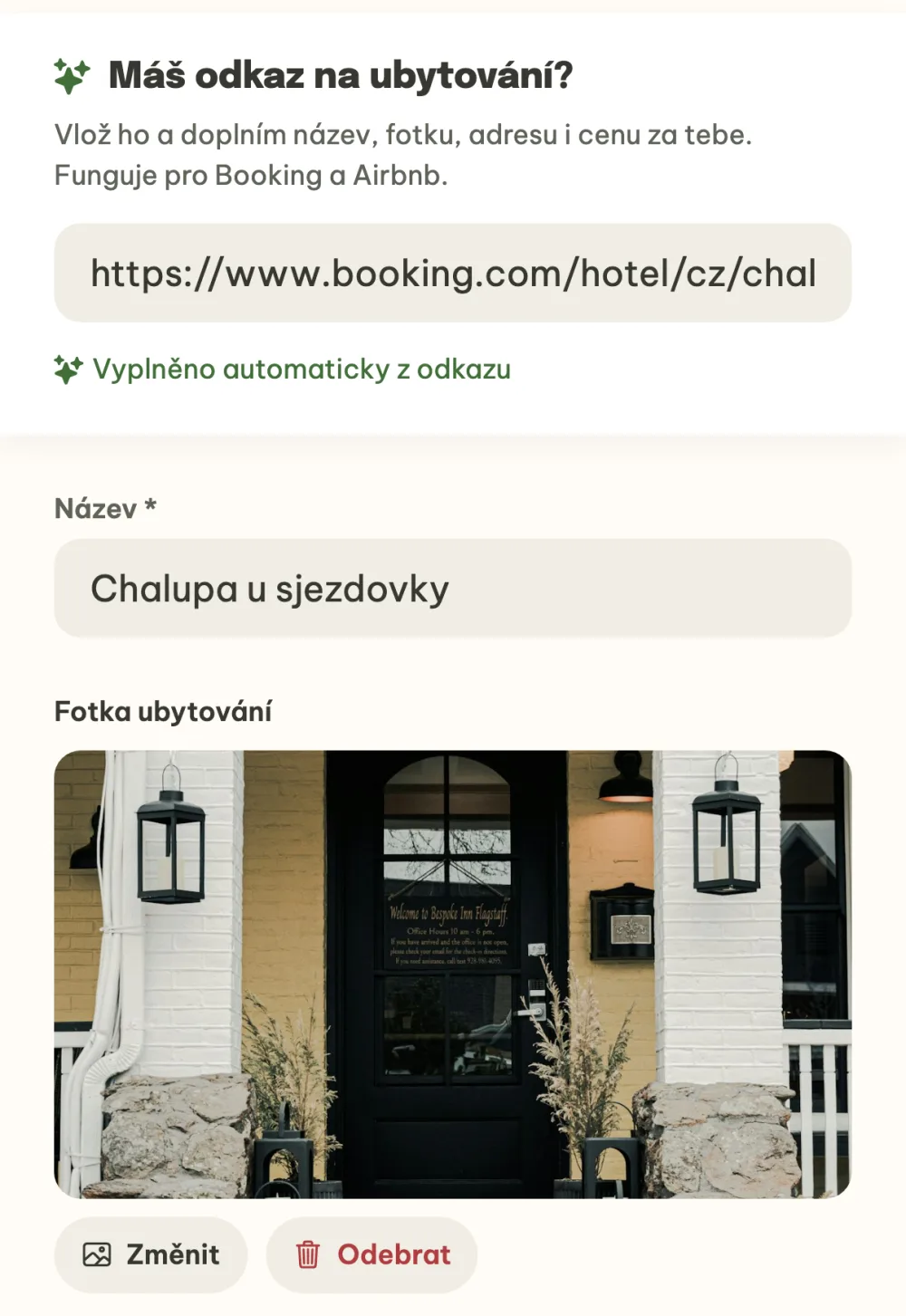 Formulář návrhu ubytování vyplněný automaticky z odkazu na Booking