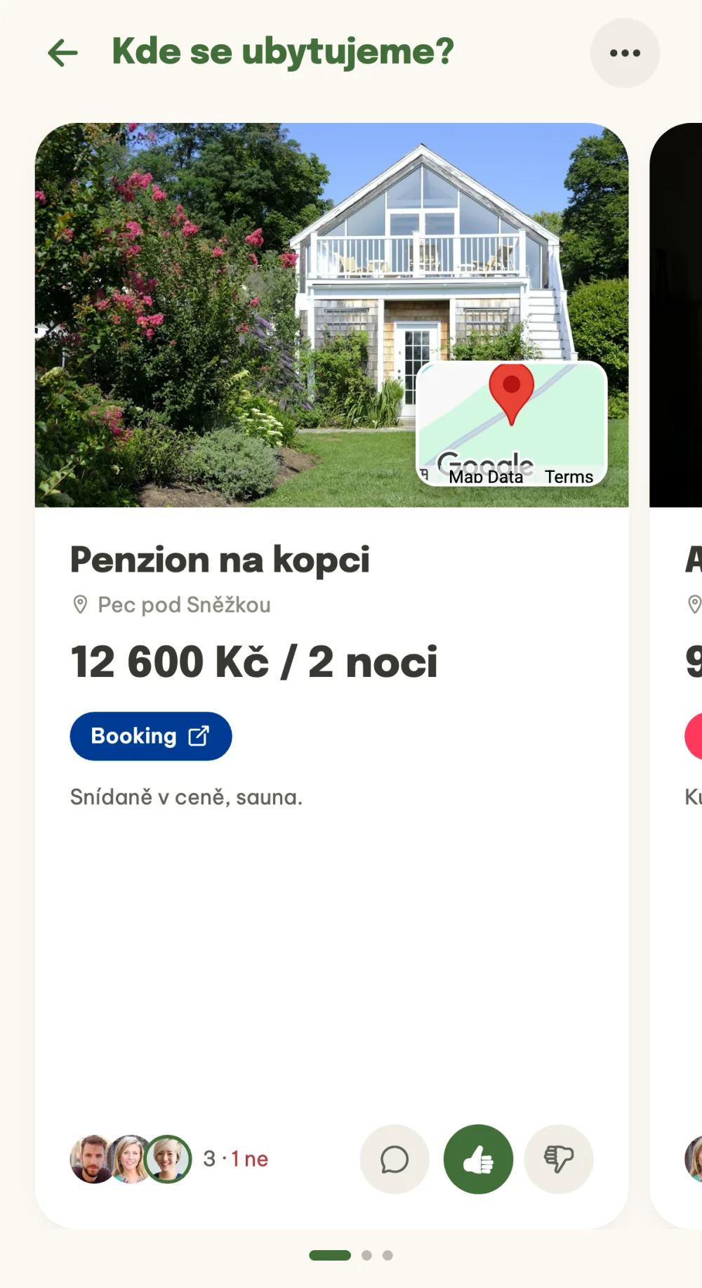Karta návrhu Penzion na kopci s cenou, odkazem na Booking a palci