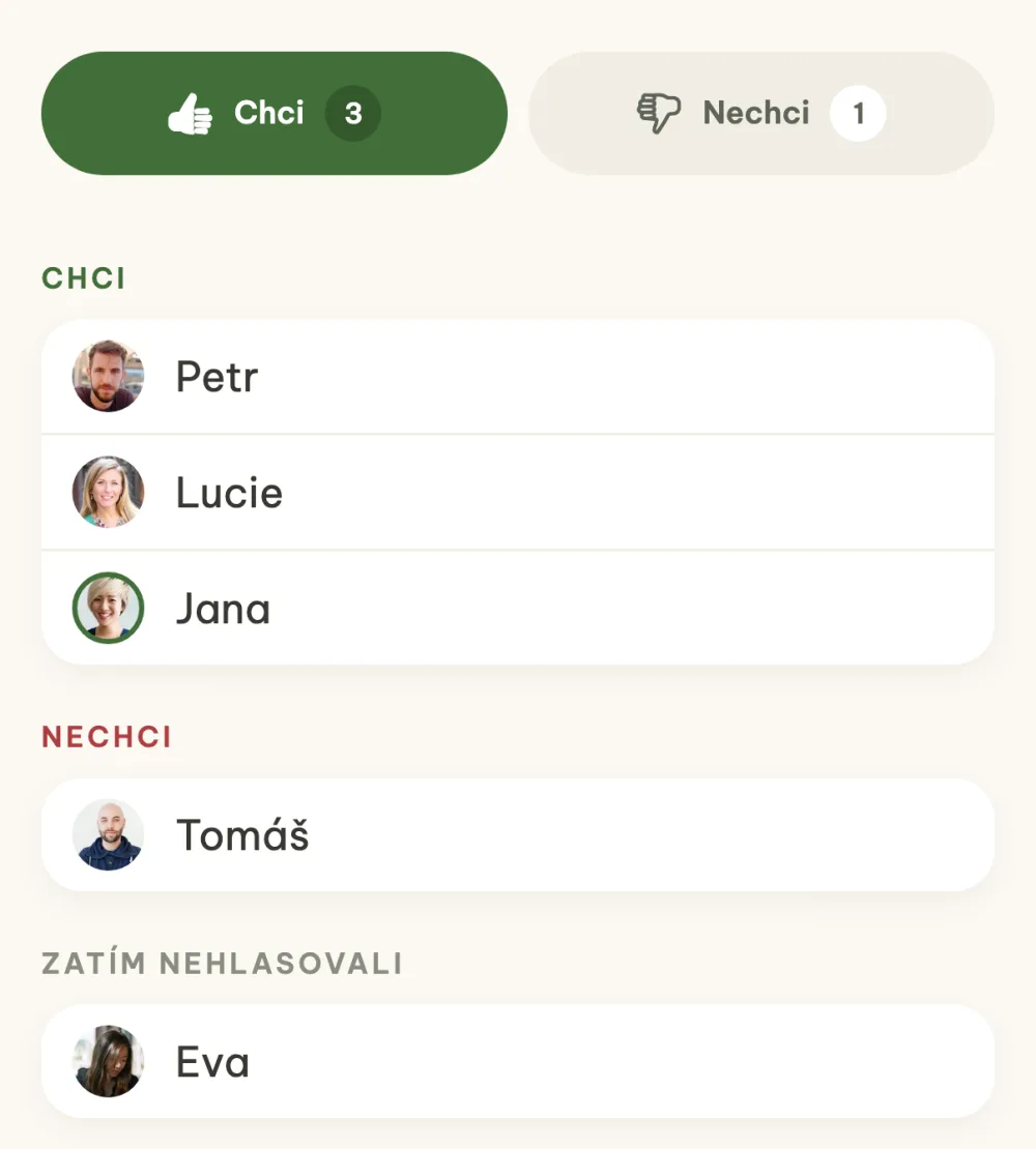 Detail ubytování se seznamy Chci, Nechci a Zatím nehlasovali