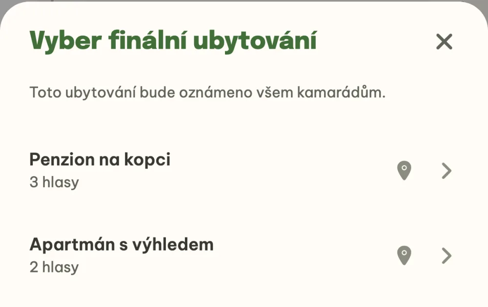 Výběr finálního ubytování s počtem hlasů u každého návrhu