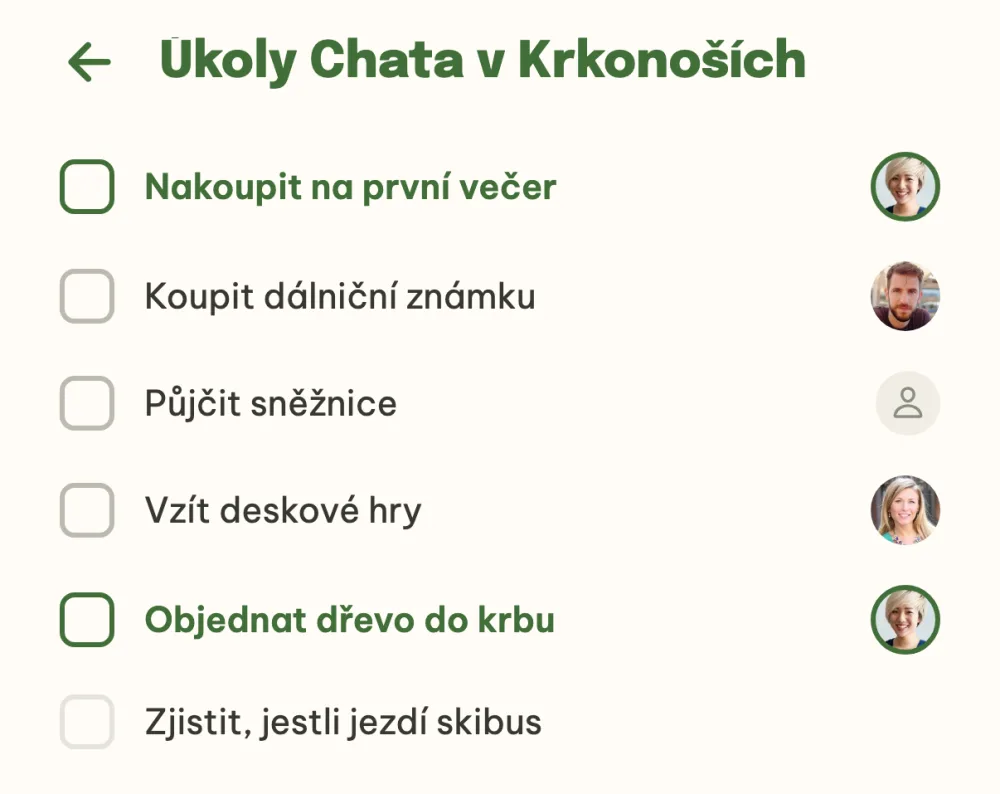 Seznam úkolů s rozepsaným novým úkolem Zjistit, jestli jezdí skibus