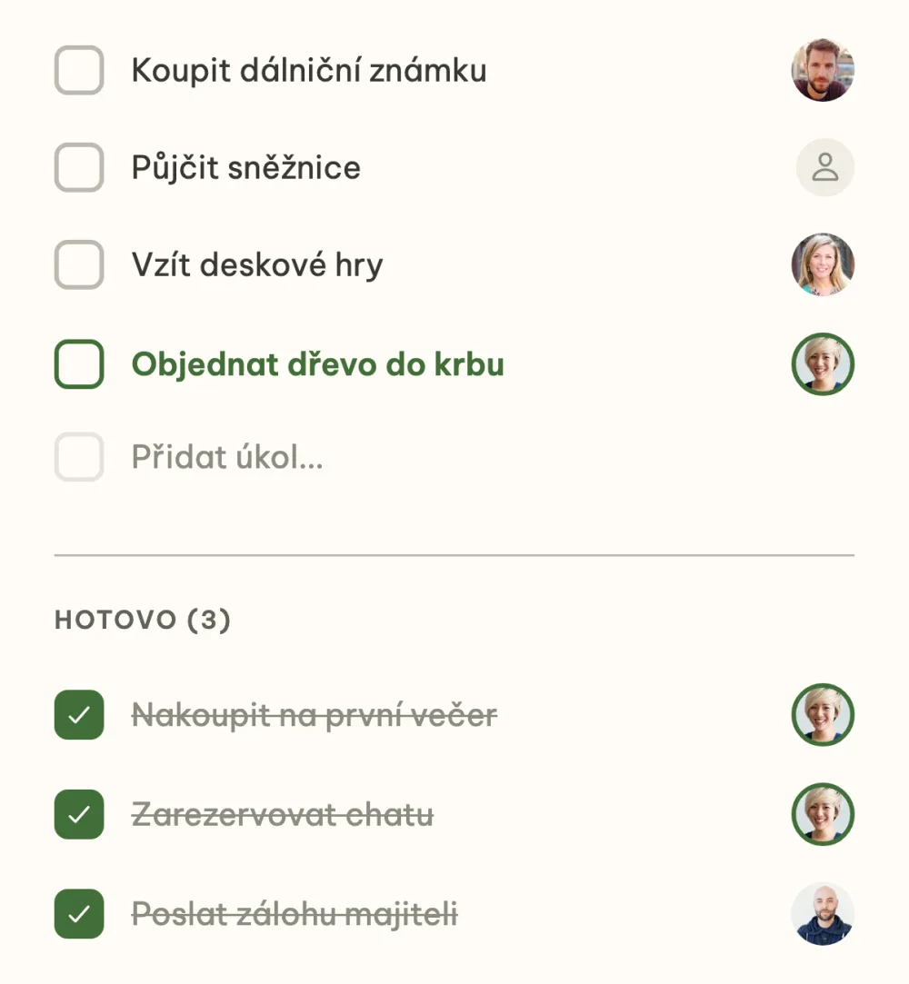 Nesplněné úkoly nahoře a pod nimi sekce Hotovo se třemi splněnými úkoly