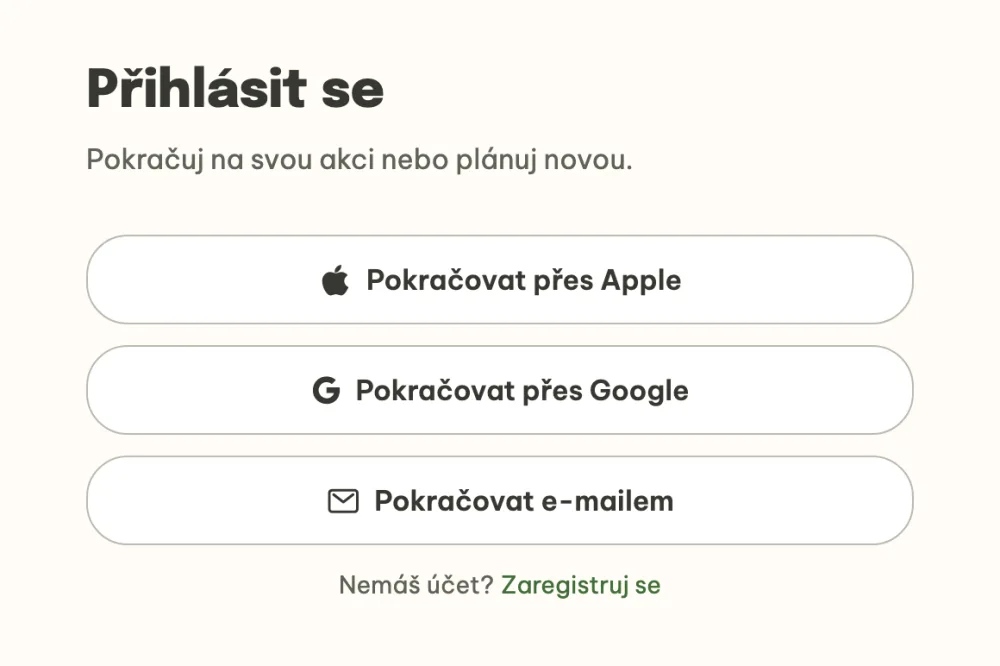 Přihlásit se s volbami Apple, Google a e-mail
