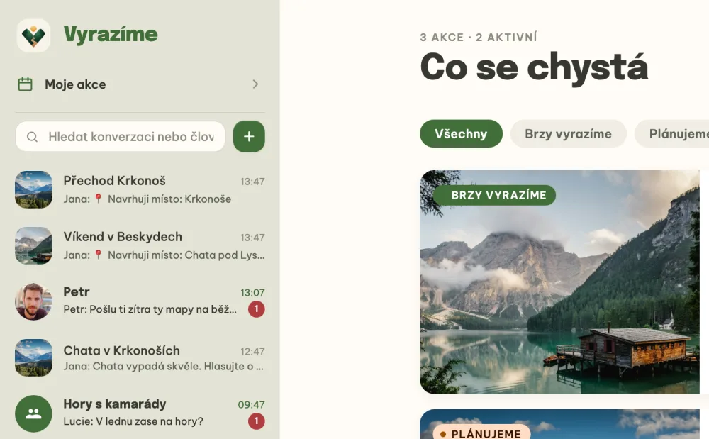 Levý panel s Moje akce, hledáním a konverzacemi