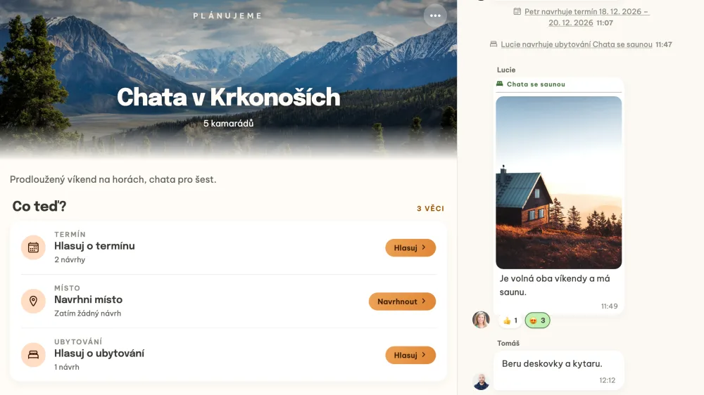 Detail akce a vedle něj chat akce