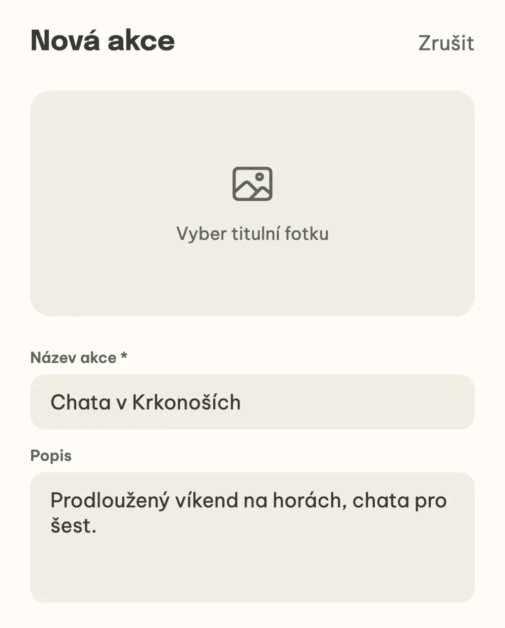 Formulář Nová akce s názvem Chata v Krkonoších a popisem