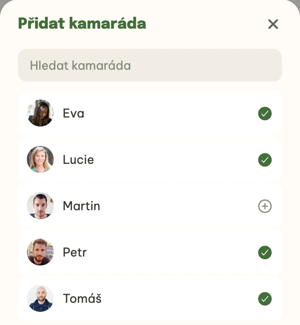 Seznam kamarádů s vybranými a jedním dalším k přidání