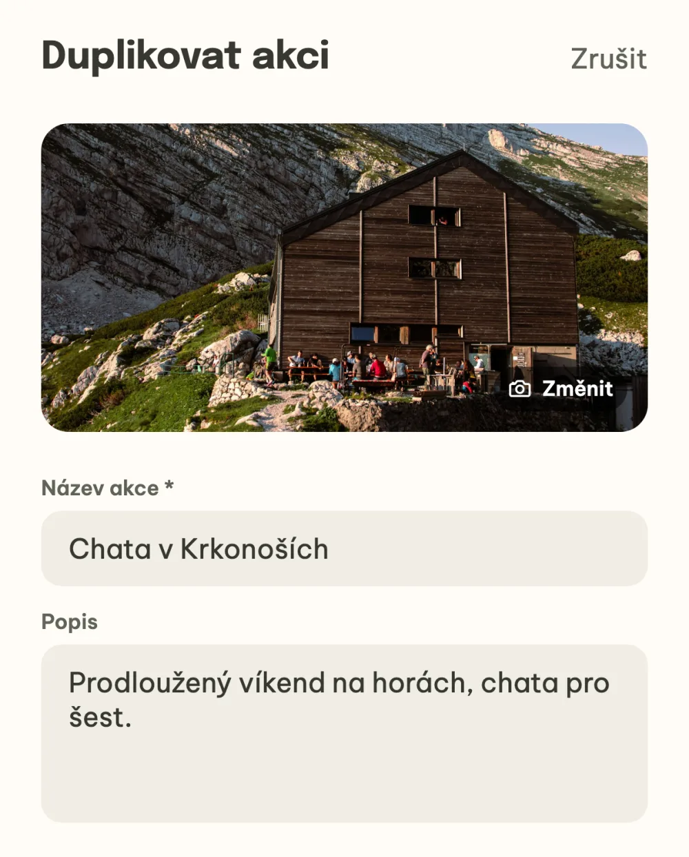 Duplikovat akci s předvyplněnou fotkou, názvem a popisem